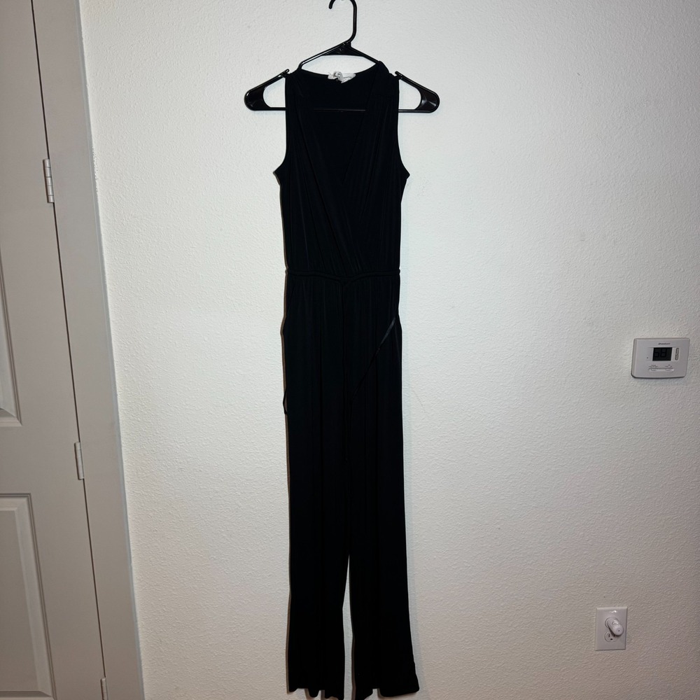BCBGeneration Jumpsuit Womens Black Tie Waist‎ Surplice Neck Wide Leg One Piece